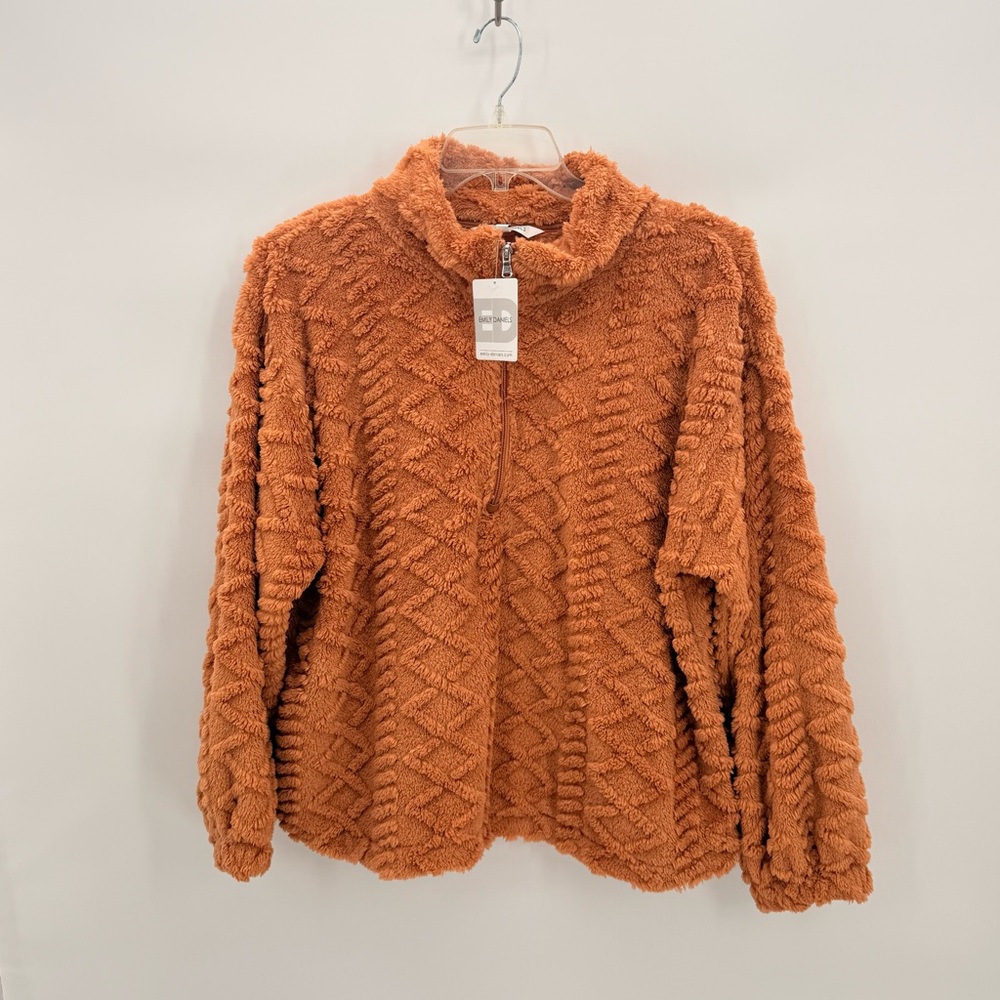 Emily Daniels NWT Popcorn Fleece Pullover Sherpa Soft Cozy Zip Collar Top Tan XL
